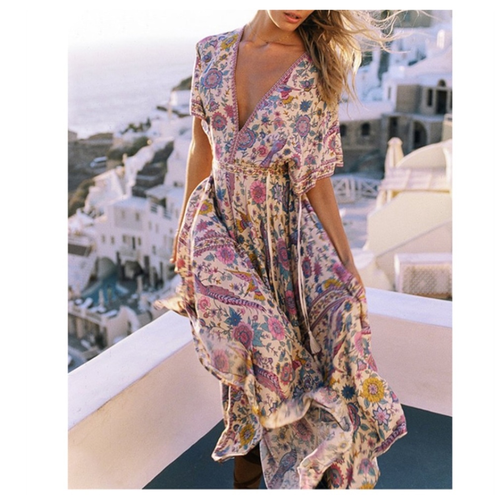 boho chic gypsy floral print vneck maxi dress - Picture 2 of 6